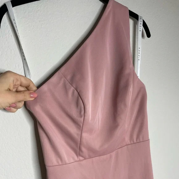 Azazie Dusty Rose One Shoulder Mesh Mermaid Maxi Gown Dress 8 - Picture 5 of 10
